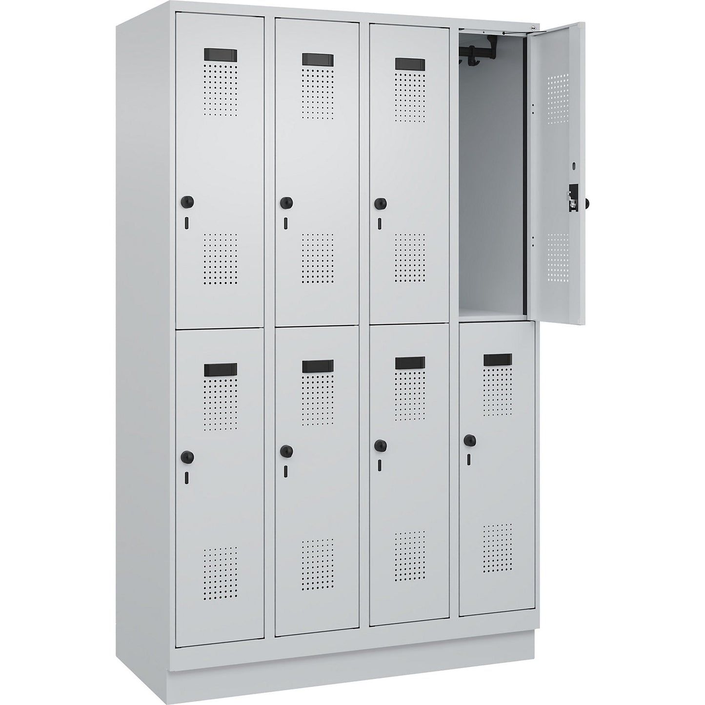 Evolo PLUS double deck clothes locker, 4 compartments, light grey, W 1200 mm, with base plinth, rotary bolt.