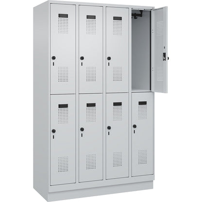 Evolo PLUS double deck clothes locker, 4 compartments, light grey, W 1200 mm, with base plinth, rotary bolt.