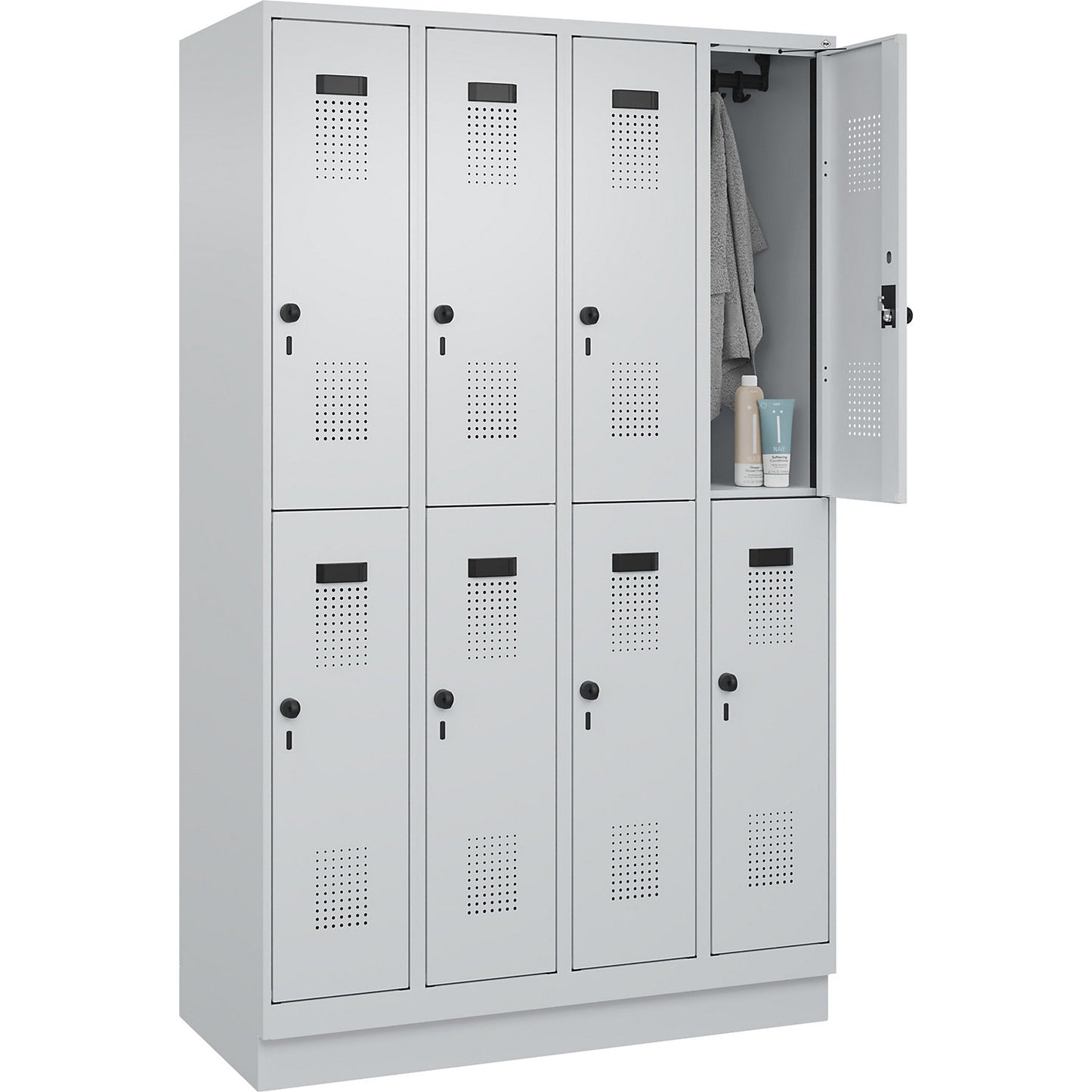 Evolo PLUS double deck clothes locker, 4 compartments, light grey, W 1200 mm, with base plinth, rotary bolt.