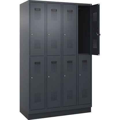 Evolo PLUS double deck clothes locker, 4 compartments, grey, W 1200 mm, with base plinth, cylinder lock.