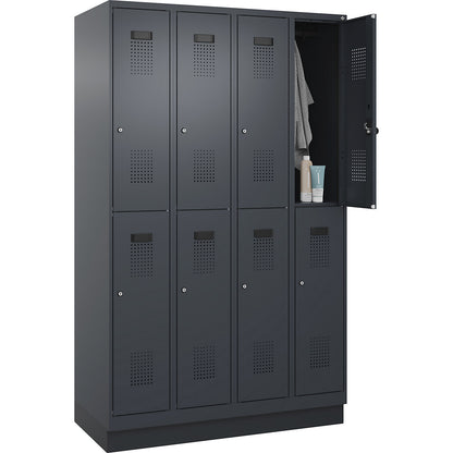 Evolo PLUS double deck clothes locker, 4 compartments, grey, W 1200 mm, with base plinth, cylinder lock.