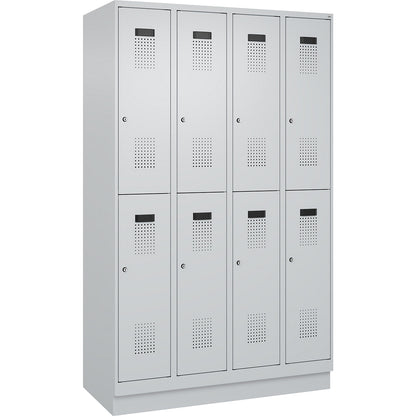 Evolo PLUS double deck clothes locker, 4 compartments, light grey, W 1200 mm, with base plinth, cylinder lock.