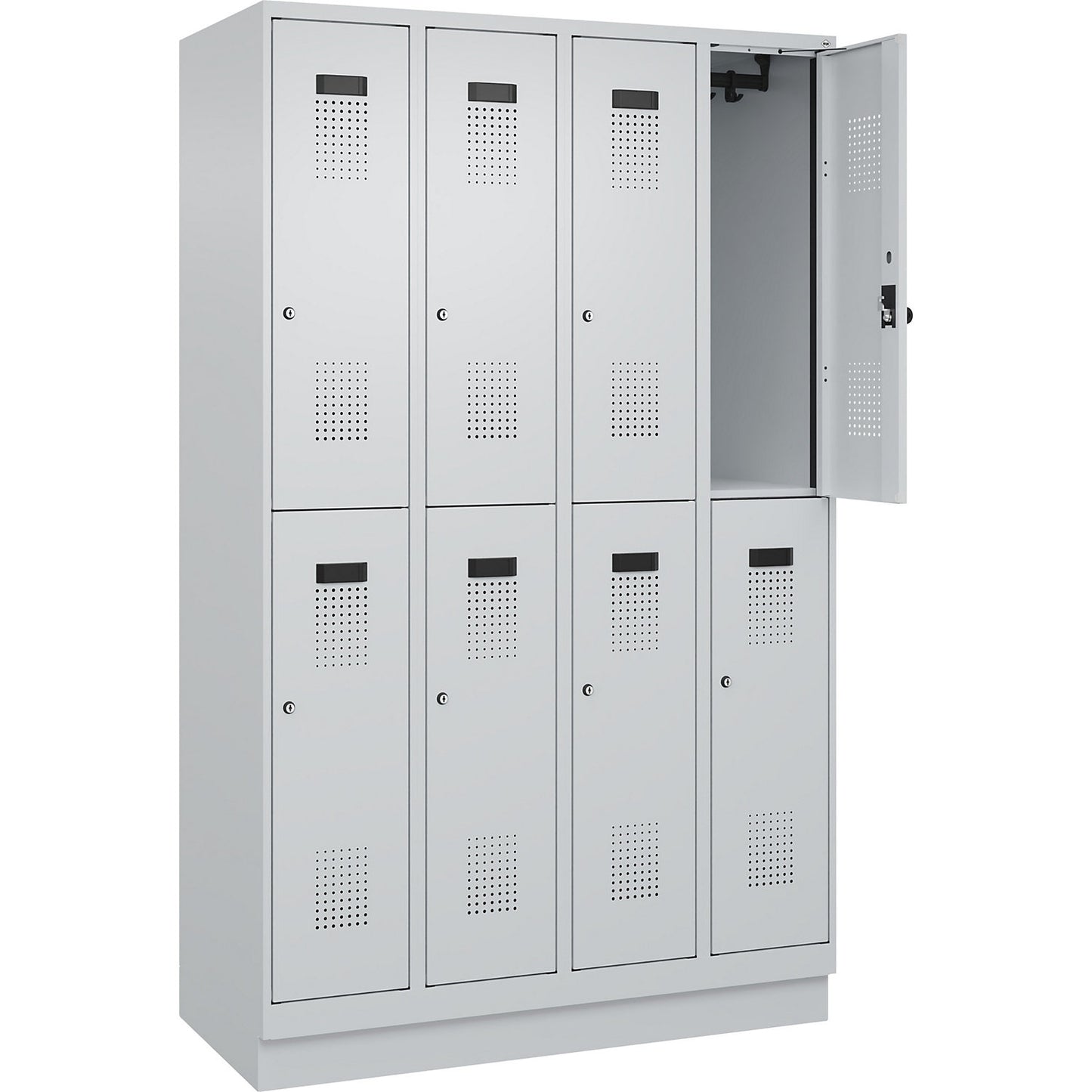 Evolo PLUS double deck clothes locker, 4 compartments, light grey, W 1200 mm, with base plinth, cylinder lock.