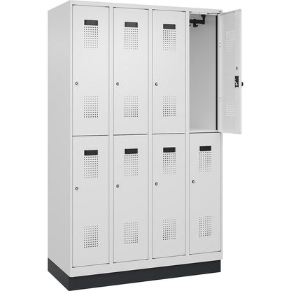 Evolo PLUS double deck clothes locker, 4 compartments, traffic white, W 1200 mm, with base plinth, cylinder lock.