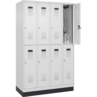 Evolo PLUS double deck clothes locker, 4 compartments, traffic white, W 1200 mm, with base plinth, cylinder lock.