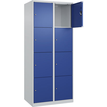 Evolo PLUS 4-fold compartment locker, 2 compartments, light grey / gentian blue, W 800 mm, 8 compartments, with floor glides, cylinder lock.