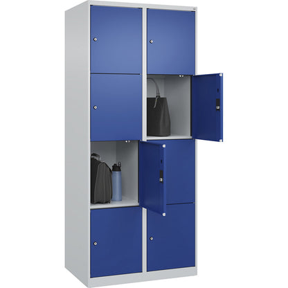 Evolo PLUS 4-fold compartment locker, 2 compartments, light grey / gentian blue, W 800 mm, 8 compartments, with floor glides, cylinder lock.
