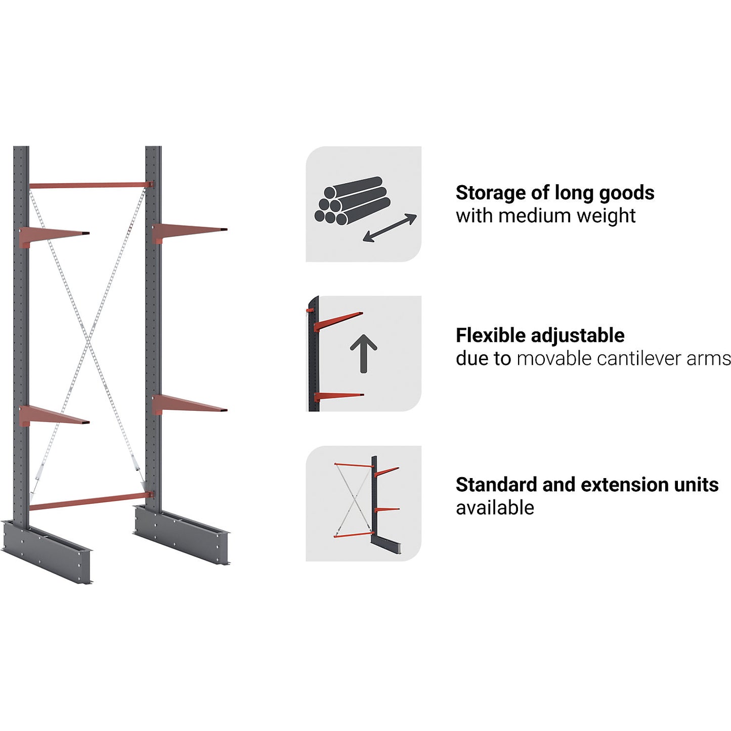Cantilever racking unit Attillo heavy, double sided, HxW 2000 x 1000 mm, cantilever arm 600 mm, standard shelf unit.
