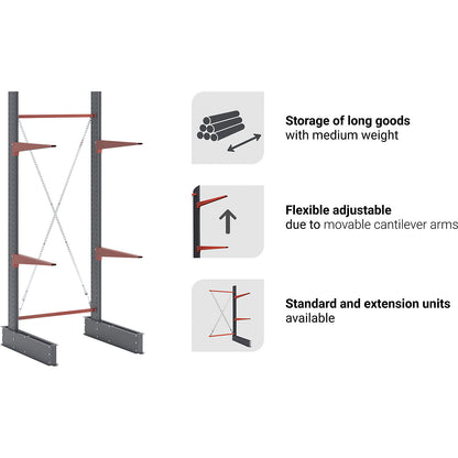 Cantilever racking unit Attillo heavy, double sided, HxW 2000 x 2000 mm, cantilever arm 600 mm, extension shelf unit.
