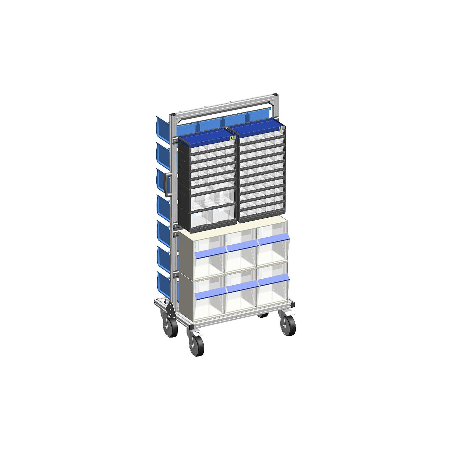 Combination mobile rack made of aluminium, double sided, 28 boxes, 2 small parts cabinets, folding drawer containers.