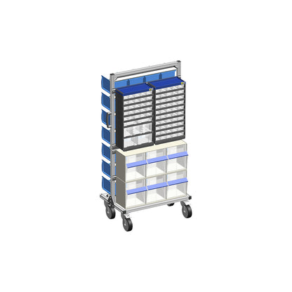 Combination mobile rack made of aluminium, double sided, 28 boxes, 2 small parts cabinets, folding drawer containers.