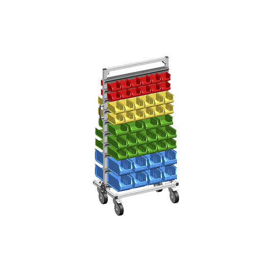 Aluminium mobile rack with open fronted storage bins, double sided, with 96 bins.