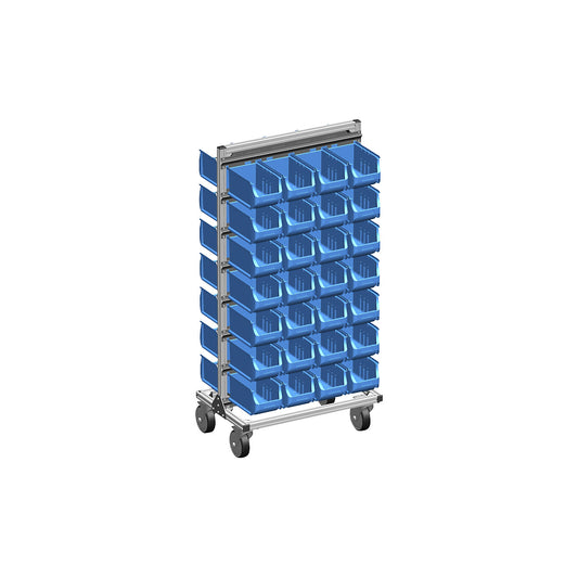 Aluminium mobile rack with open fronted storage bins, double sided, with 56 bins.