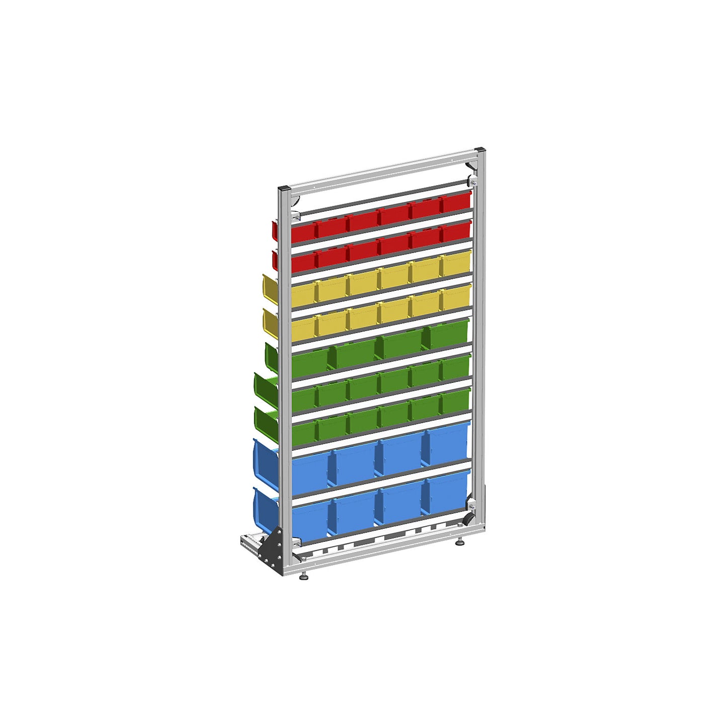 Free standing shelf unit with open fronted storage bins, single sided, with 48 bins.