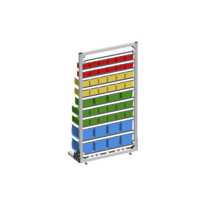 Free standing shelf unit with open fronted storage bins, single sided, with 48 bins.