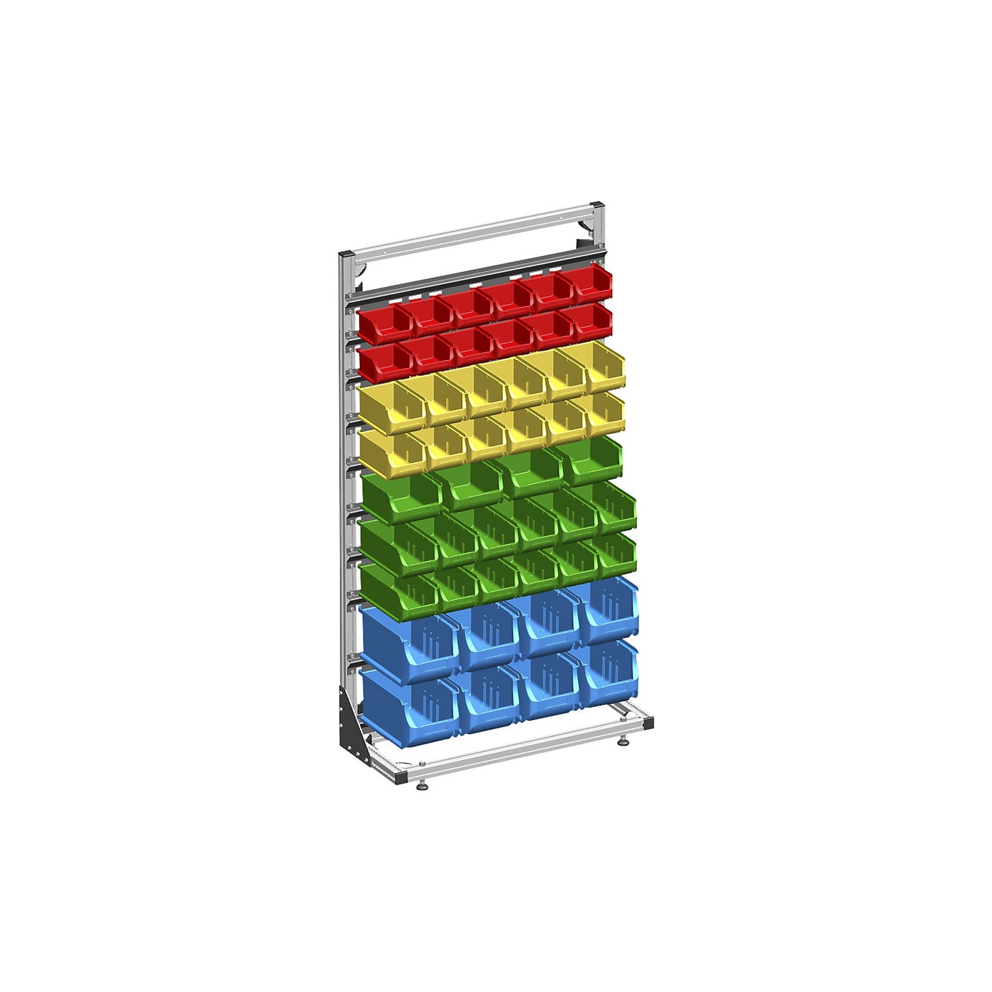 Free standing shelf unit with open fronted storage bins, single sided, with 48 bins.