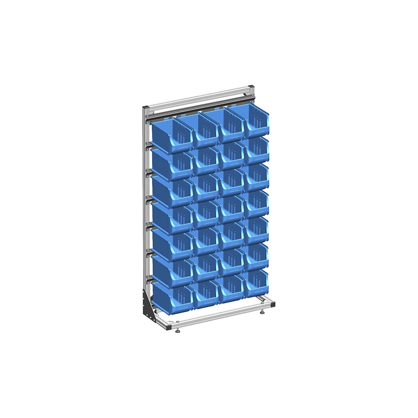 Free standing shelf unit with open fronted storage bins, single sided, with 28 bins.