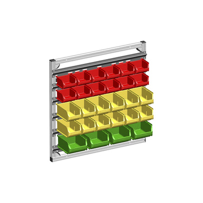 Wall shelf unit with open fronted storage bins, HxW 670 x 660 mm, with 28 bins.