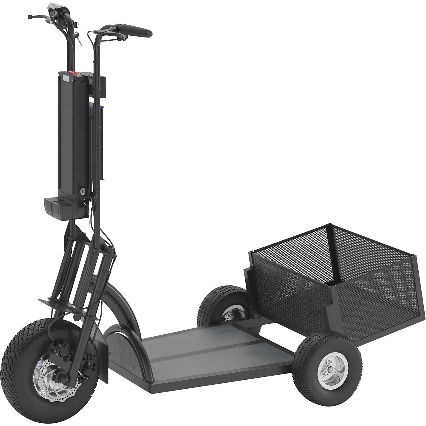 PRO electric transport dolly, 800 W, 3 wheels, with basket at rear, black.