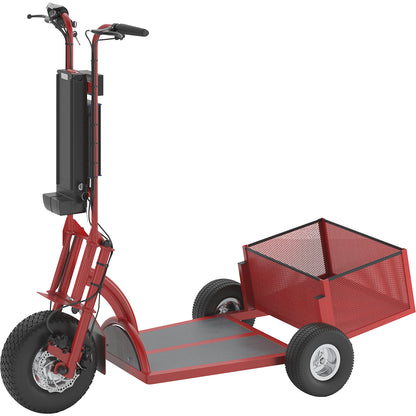 PRO electric transport dolly, 800 W, 3 wheels, with basket at rear, red.