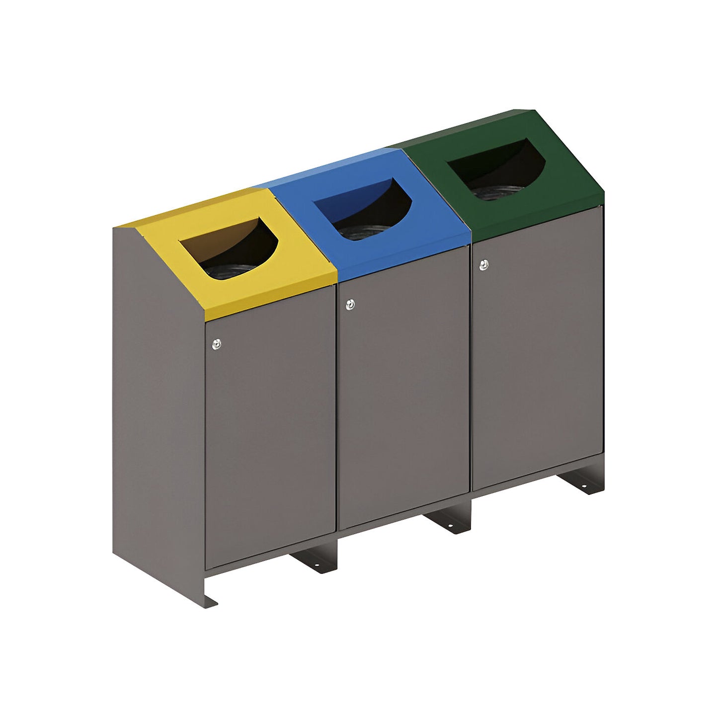 Berlin outdoor recyclable waste collector, 3 x 100 l, lid yellow/blue/green.