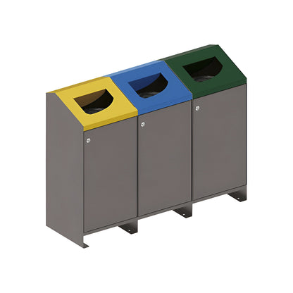 Berlin outdoor recyclable waste collector, 3 x 100 l, lid yellow/blue/green.