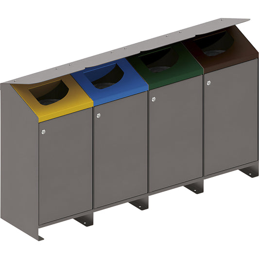 Berlin outdoor recyclable waste collector, 4 x 100 l, lid yellow/blue/green/brown.