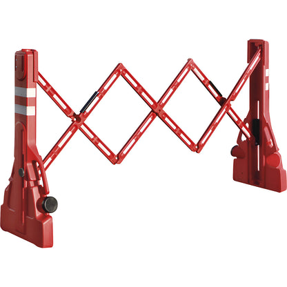 Expanding barrier, PVC, extendable, with integrated storage system, red on white, length 2200 mm.