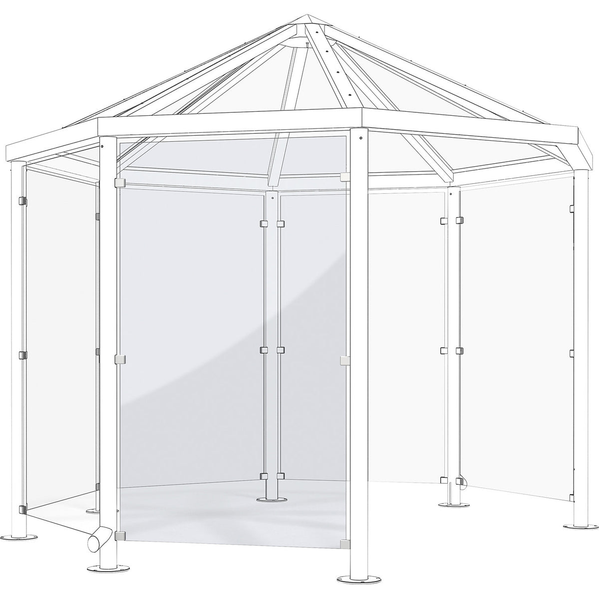 Side panel for pavilion style shelter for persons, made of safety glass, transparent.