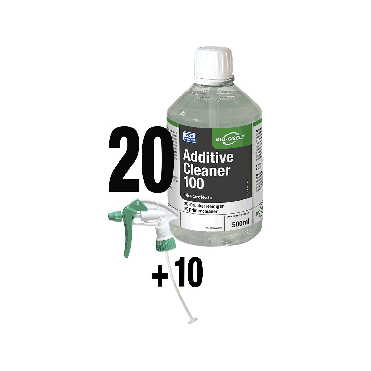 Additive Cleaner 100 adhesive and separating agent cleaner, 20 x 500 ml bottles and 10 sprayers, capacity 10 l.