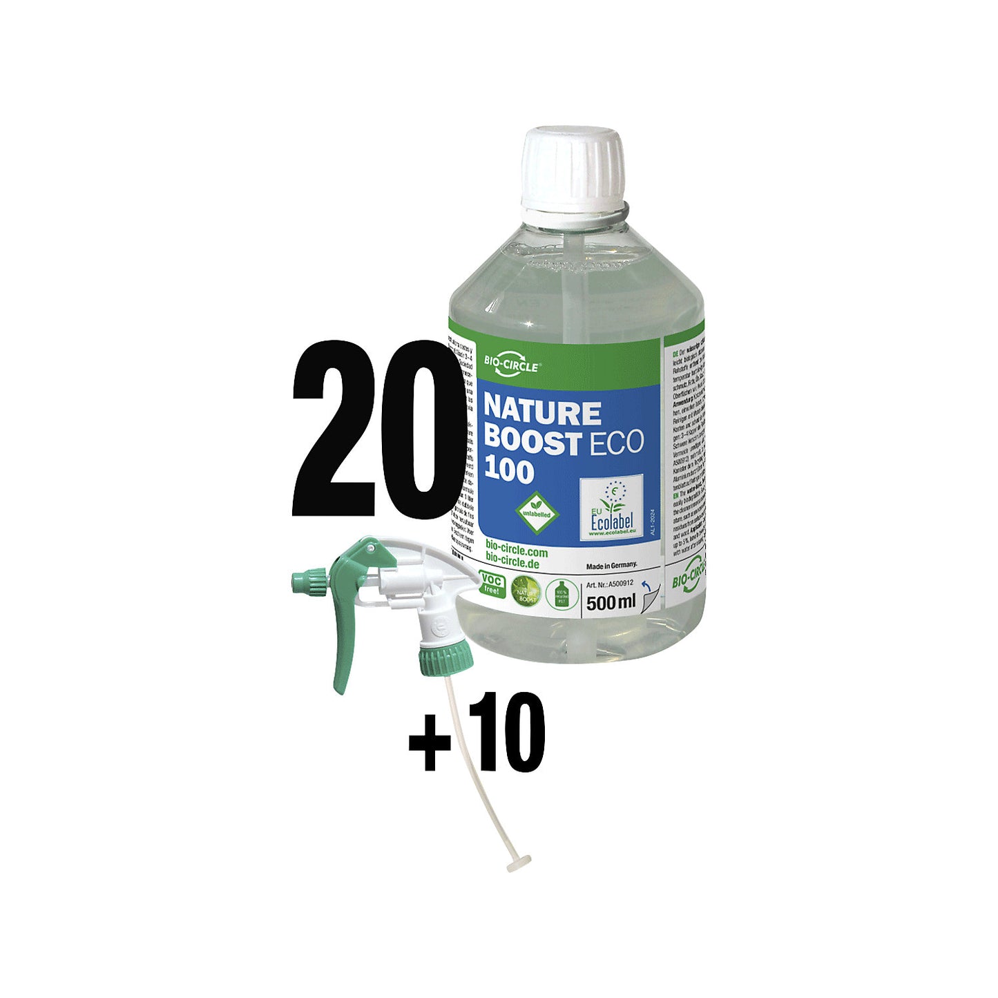 Nature Boost Eco 100 all-purpose cleaner, 20 x 500 ml bottles and 10 sprayers, capacity 10 l.