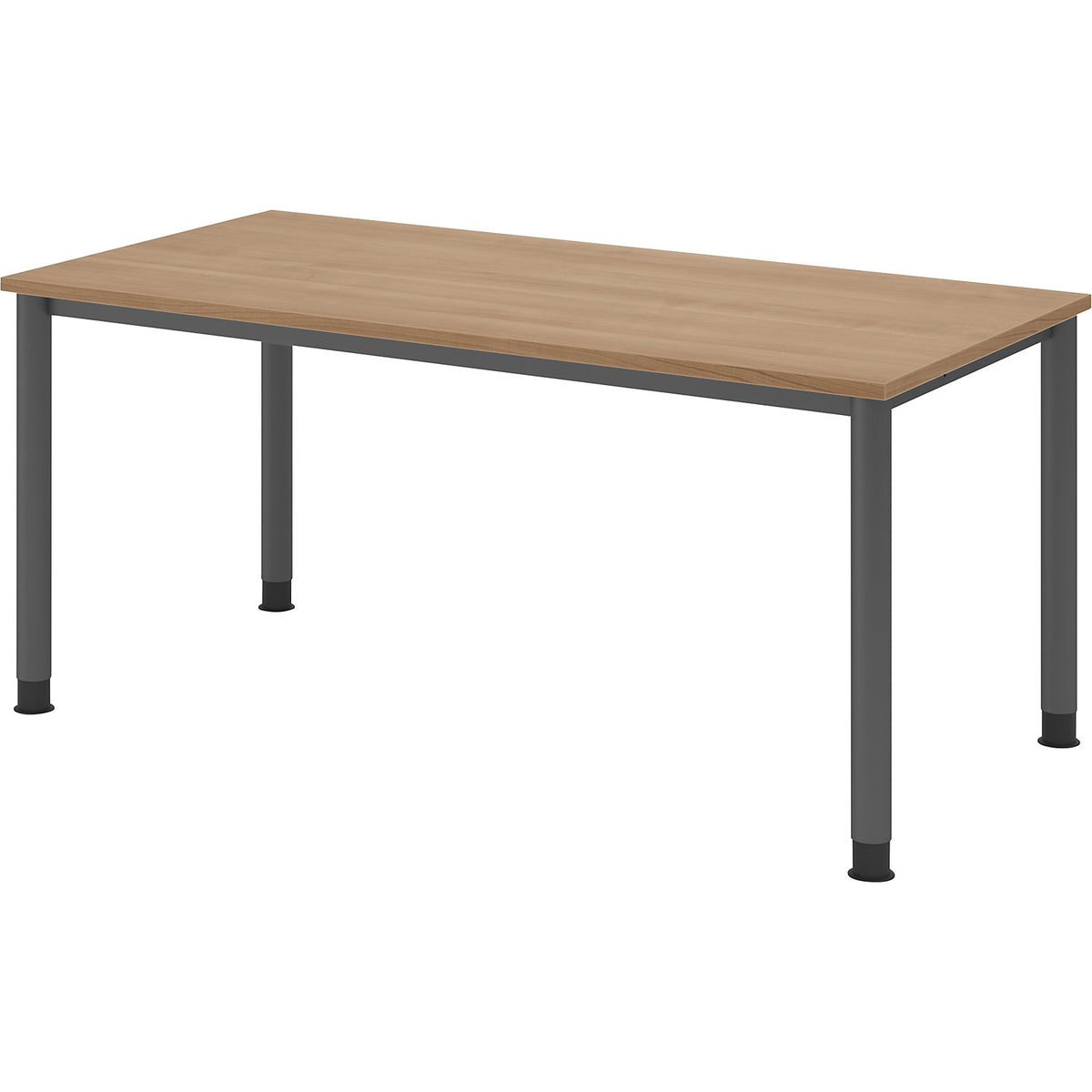 Desk, HxD 685 - 810 x 800 mm, 4 round tubular legs, width 1600 mm, graphite / walnut.