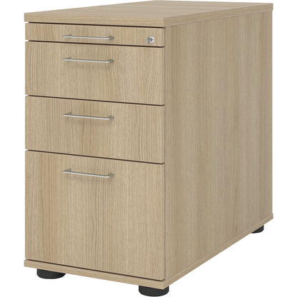 Fixed pedestal, 1 utensil drawer, 2 drawers, 1 suspension file drawer, oak.