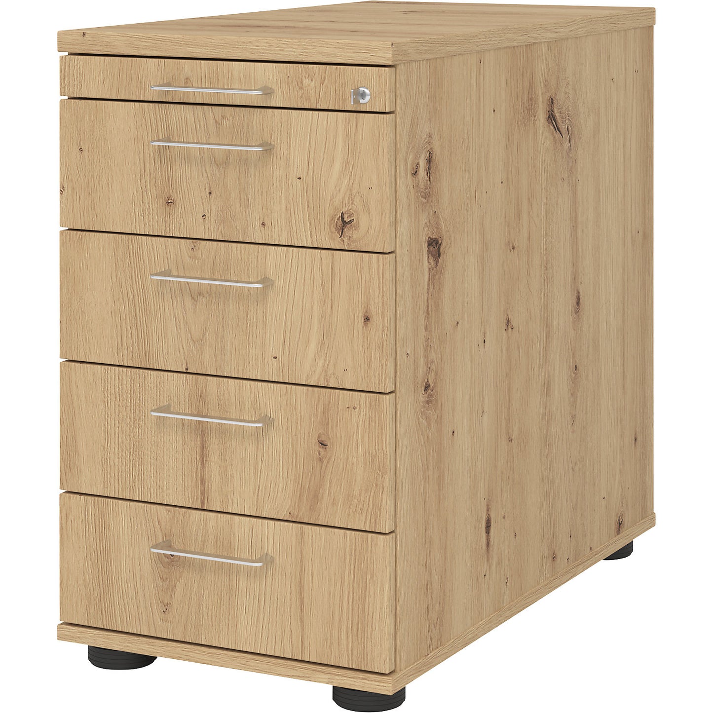 Fixed pedestal, 1 utensil drawer, 4 drawers, knotty oak.