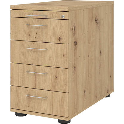 Fixed pedestal, 1 utensil drawer, 4 drawers, knotty oak.