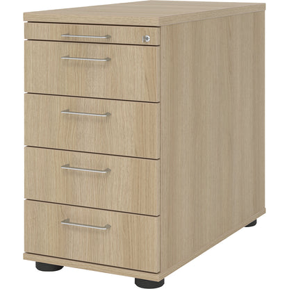 Fixed pedestal, 1 utensil drawer, 4 drawers, oak.