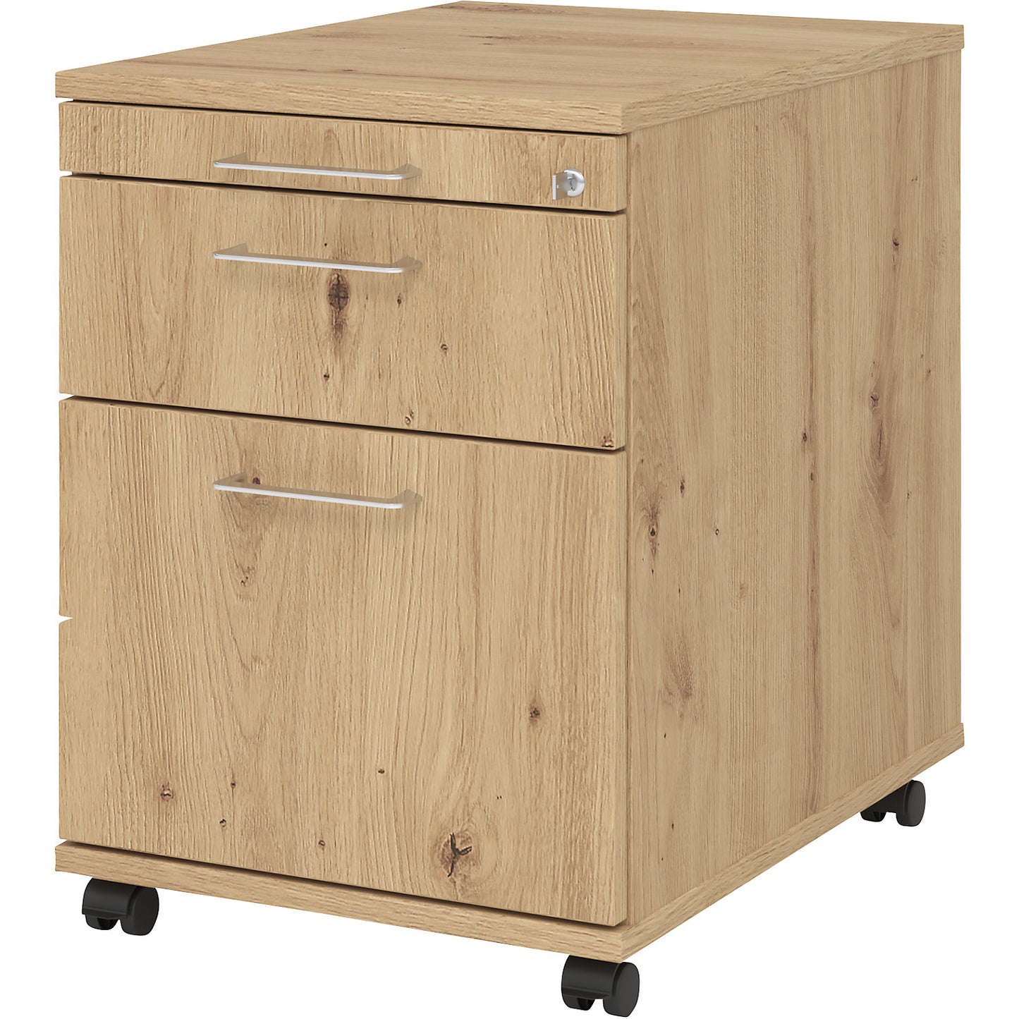 Mobile pedestal, 1 utensil drawer, 1 drawer, 1 file suspension drawer, depth 580 mm, knotty oak.
