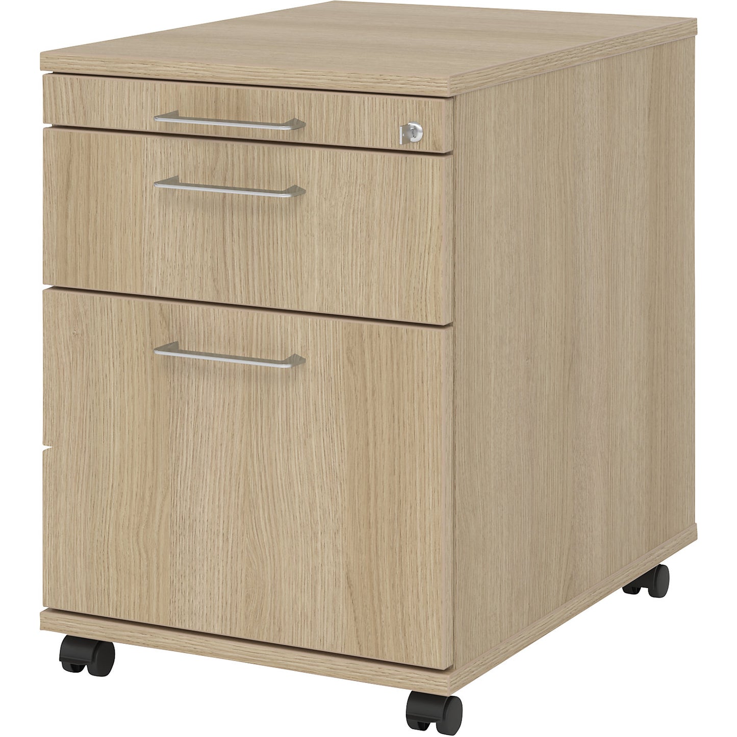 Mobile pedestal, 1 utensil drawer, 1 drawer, 1 file suspension drawer, depth 580 mm, oak.
