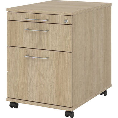 Mobile pedestal, 1 utensil drawer, 1 drawer, 1 file suspension drawer, depth 580 mm, oak.