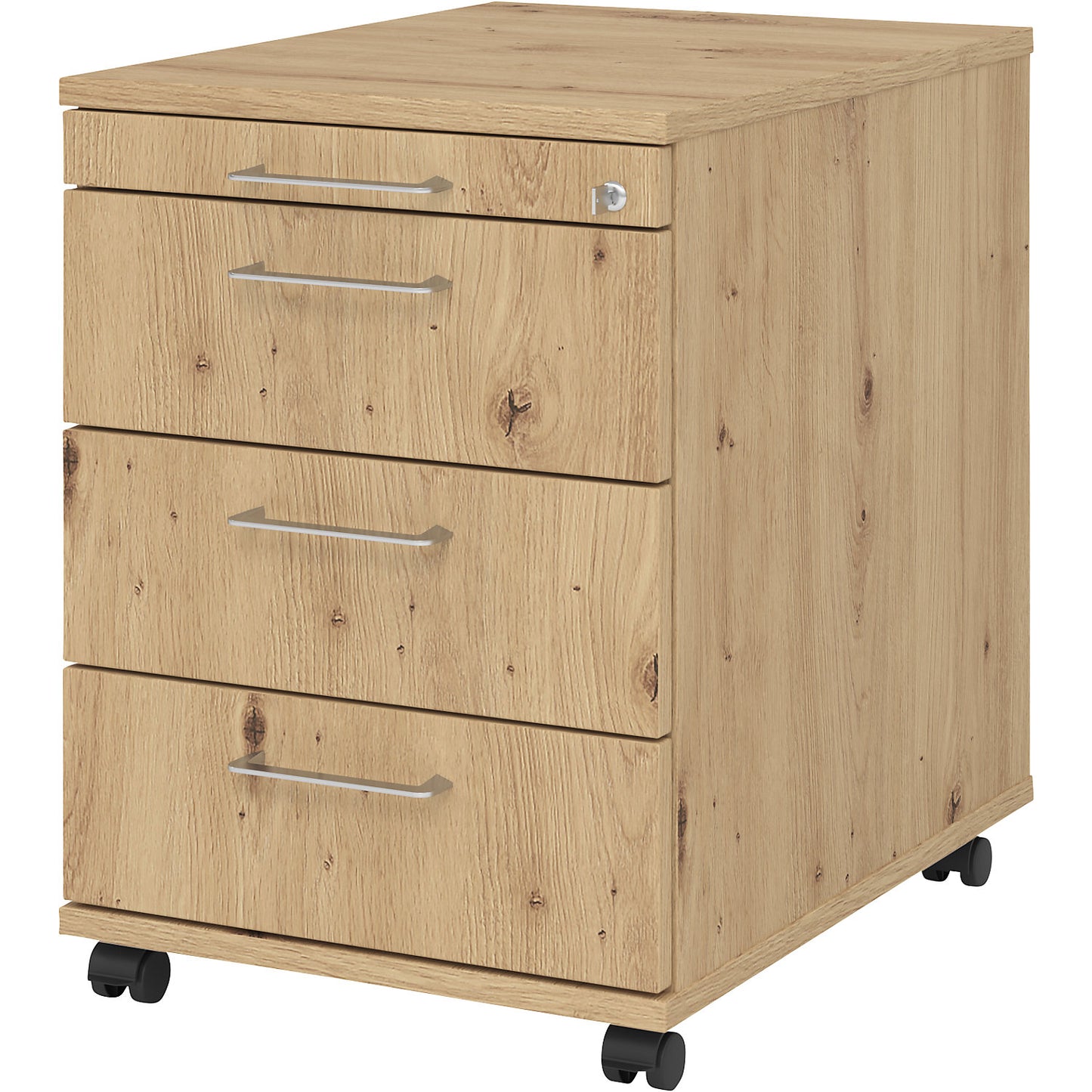 Mobile pedestal, 1 utensil drawer, 3 drawers, depth 580 mm, knotty oak.