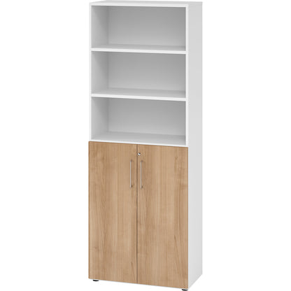 RENATUS - Office cupboard/shelf unit, 5 shelves, 6 file heights (3 of which are open), white / walnut.