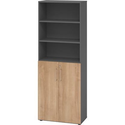 RENATUS - Office cupboard/shelf unit, 5 shelves, 6 file heights (3 of which are open), graphite / walnut.