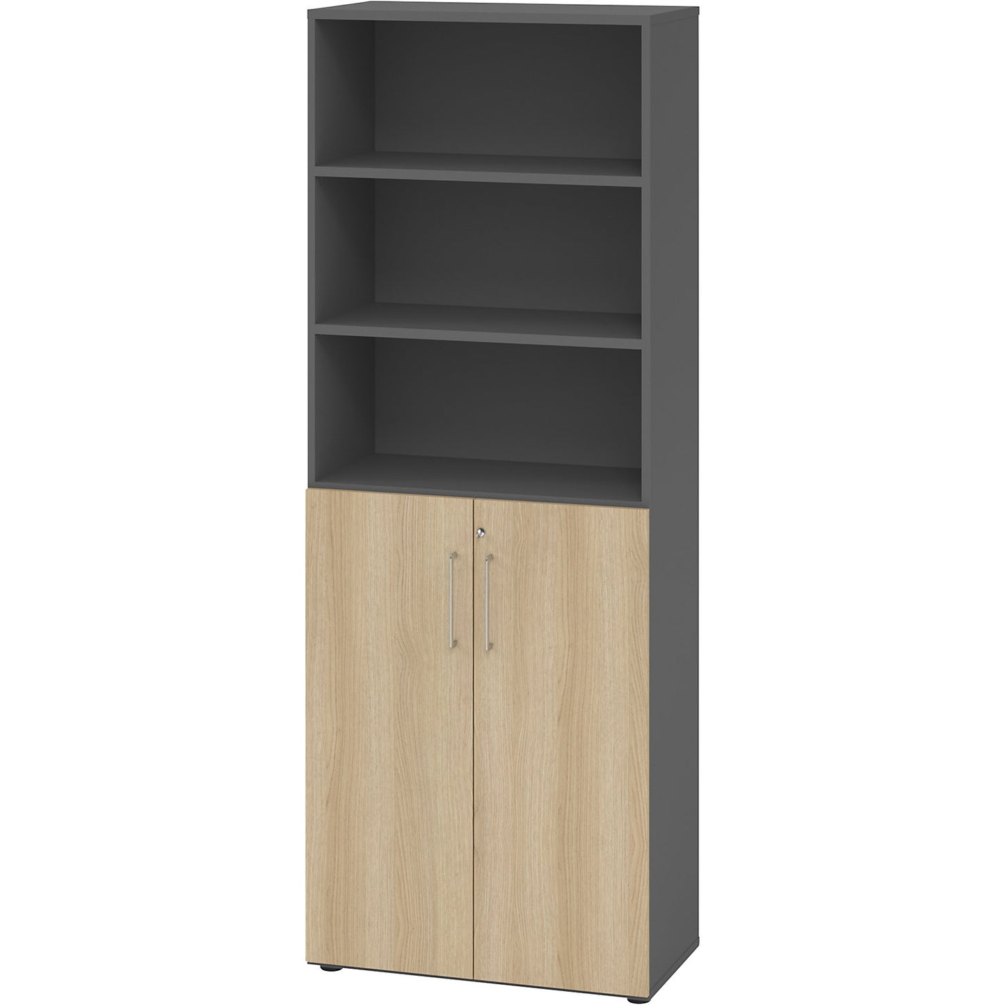 RENATUS - Office cupboard/shelf unit, 5 shelves, 6 file heights (3 of which are open), graphite / oak.