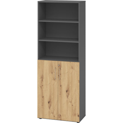 RENATUS - Office cupboard/shelf unit, 5 shelves, 6 file heights (3 of which are open), graphite / knotty oak.