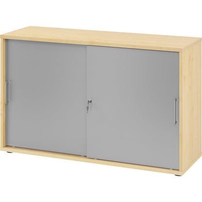 Sliding door cupboard, height 748 mm, 1 shelf, light grey / aluminium silver.