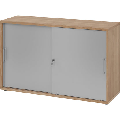 Sliding door cupboard, height 748 mm, 1 shelf, walnut finish / aluminium silver.