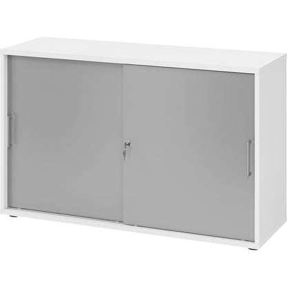 Sliding door cupboard, height 748 mm, 1 shelf, white / aluminium silver.