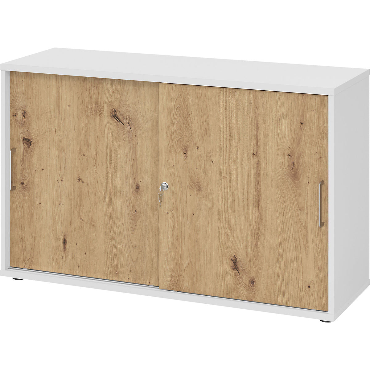 Sliding door cupboard, height 748 mm, 1 shelf, white / knotty oak.