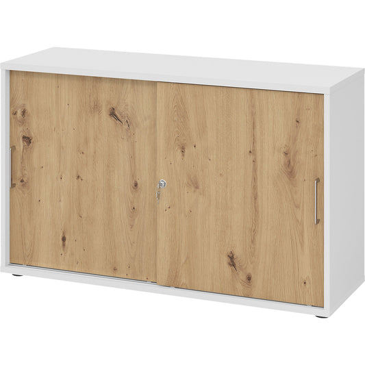 Sliding door cupboard, height 748 mm, 1 shelf, white / knotty oak.