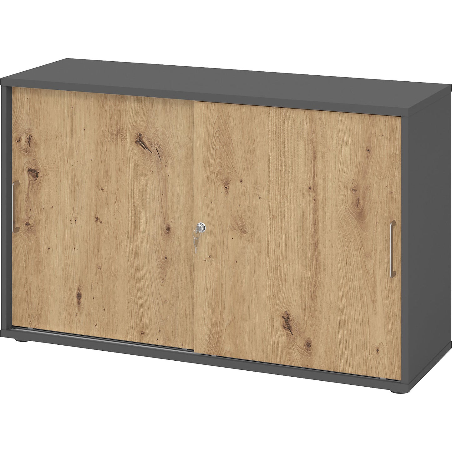 Sliding door cupboard, height 748 mm, 1 shelf, graphite / knotty oak.